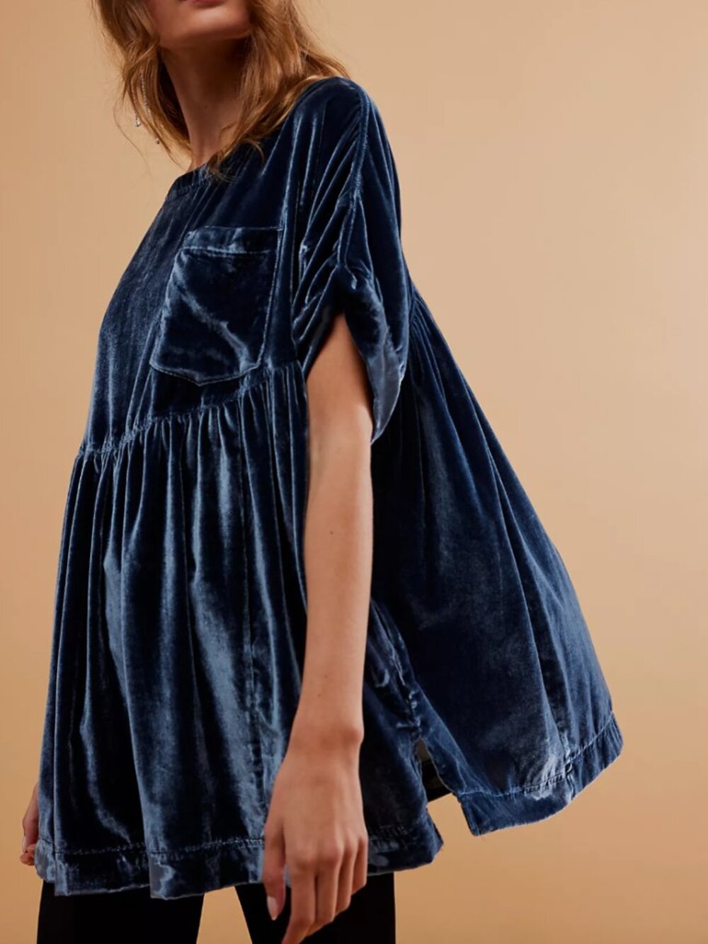 Free People We The Free Varsity Navy Blue Moon City Velvet Short Sleeve Top